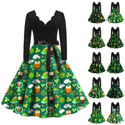 Women's Vintage Classic Dress Long Sleeve St. Patrick's Day Print V-neck Swing Dress