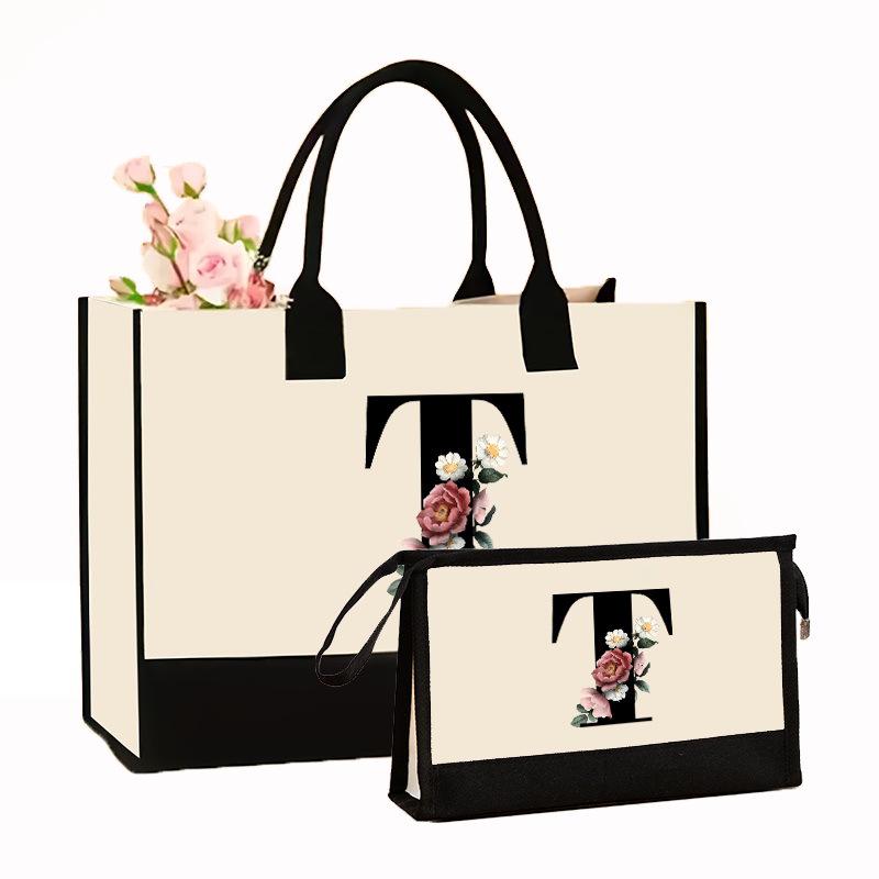 Canvas Shoulder Bag Makeup Set with Color Block Print & Portable Zipper Clutch