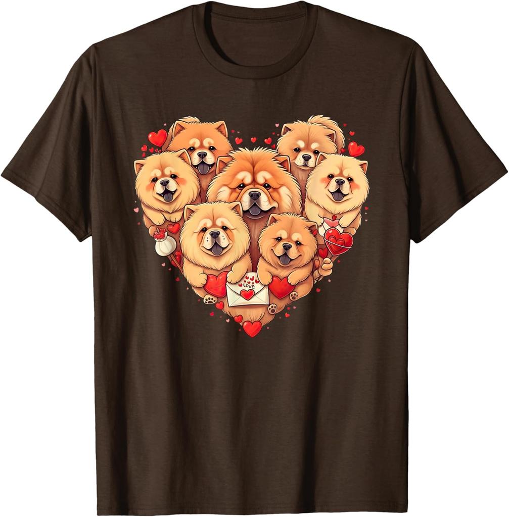 Chow Chow Heart Valentine Dogs Graphic Tee Short Sleeve Crewneck Casual Cotton T-Shirt for Men Women