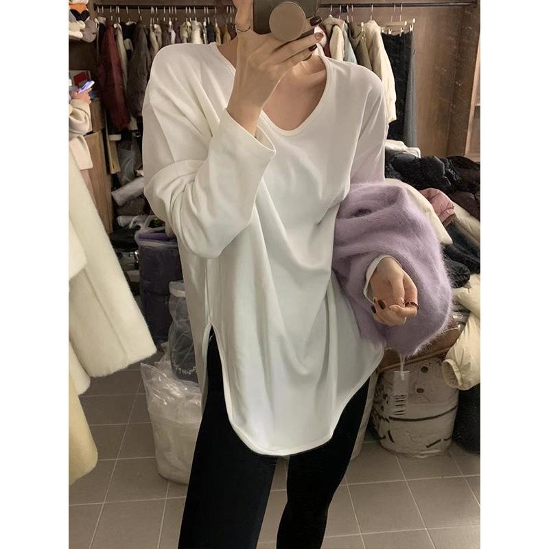 Basic white T-shirt women's large size loose top Dongde velvet warm split-ended long-sleeved inner bottoming shirt