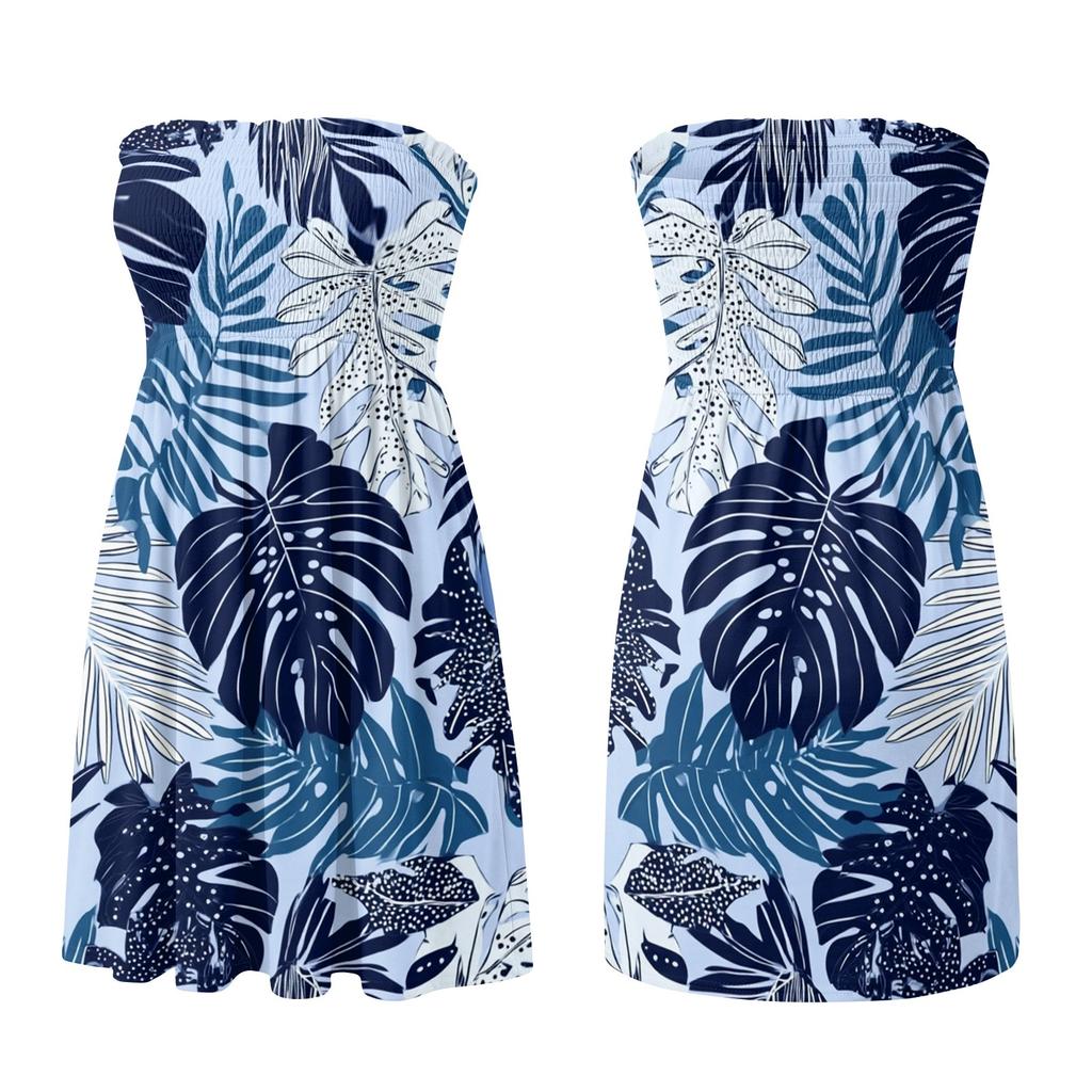Vestido Casual de Mujer sin Tirantes sin Mangas Estampado Floral Vestido de Playa de Verano Cuerpo Elástico Fruncido Vestido por Encima de la Rodilla