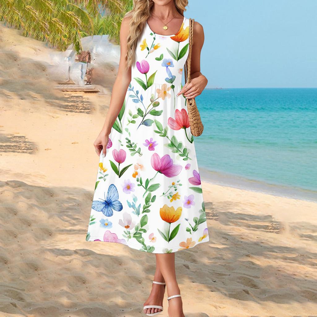 Sleeveless Boho Maxi Dress for Women with Floral Print Long Dress Suitable As Maxi Dress for Older Women and Maxi Dresses for Women Summer