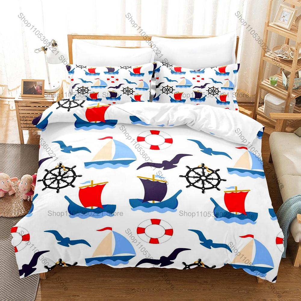 Navy Blue Anchor Theme Bedding Set 3 Pieces Marine Sailor Style Quilt Cover Set Twin Full Queen King Size Bed Linen