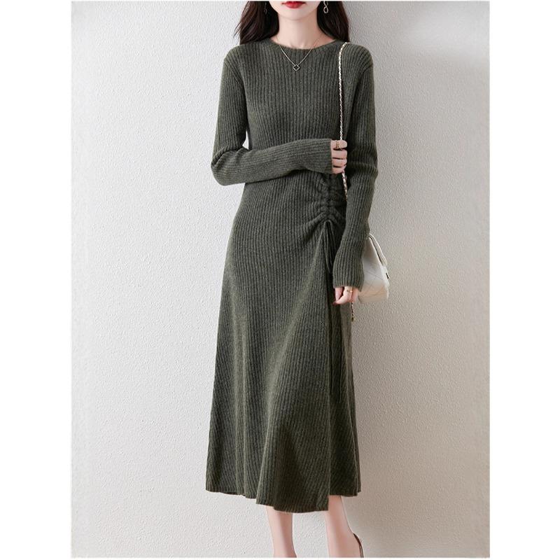 Autumn and winter new drawstring slim and thin medium and long sweater skirt femininity inner backing knitted dress