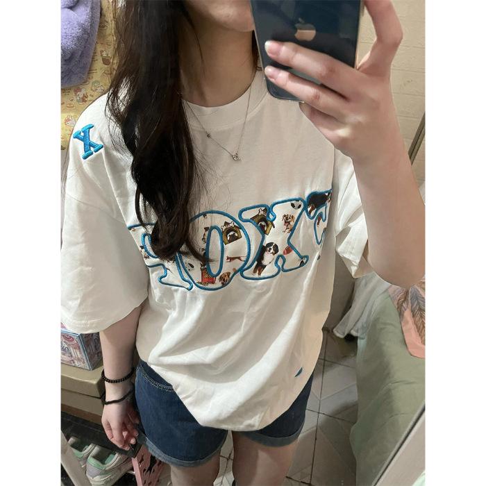 

2025 Summer Women’s American Print Cotton Loose T-Shirt: Trendy Half Sleeve Top Large белый