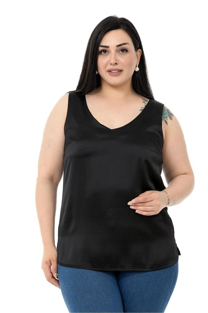 Damen Übergröße Bluse Plus Size V-Ausschnitt Ärmellos Satin Smaragdgrüne Bluse mit Seitenschlitzen