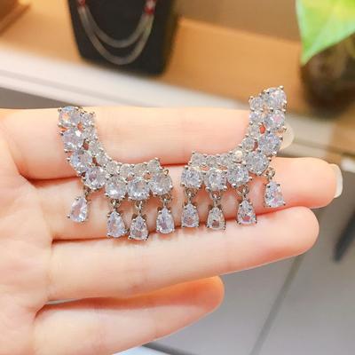 Tone Temperament Tassel Cubic Zircon Half Water Drop Earrings Ladies Chic Fashionable Plain Simple Earrings Female Event Party Event
