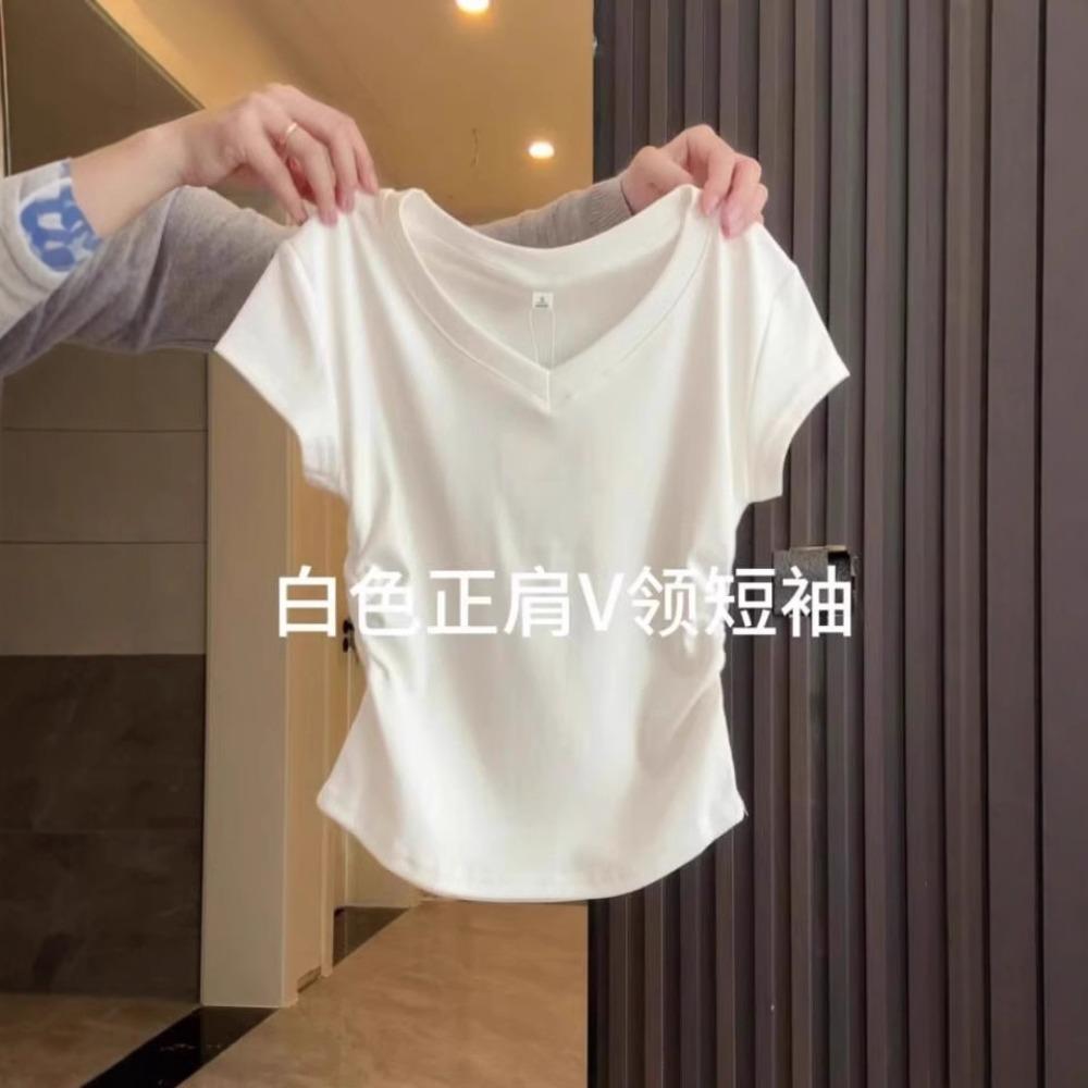 Women Cotton V-neck Short Sleeve T-shirt Slim Fitted Pleated Design Cropped Top Summer