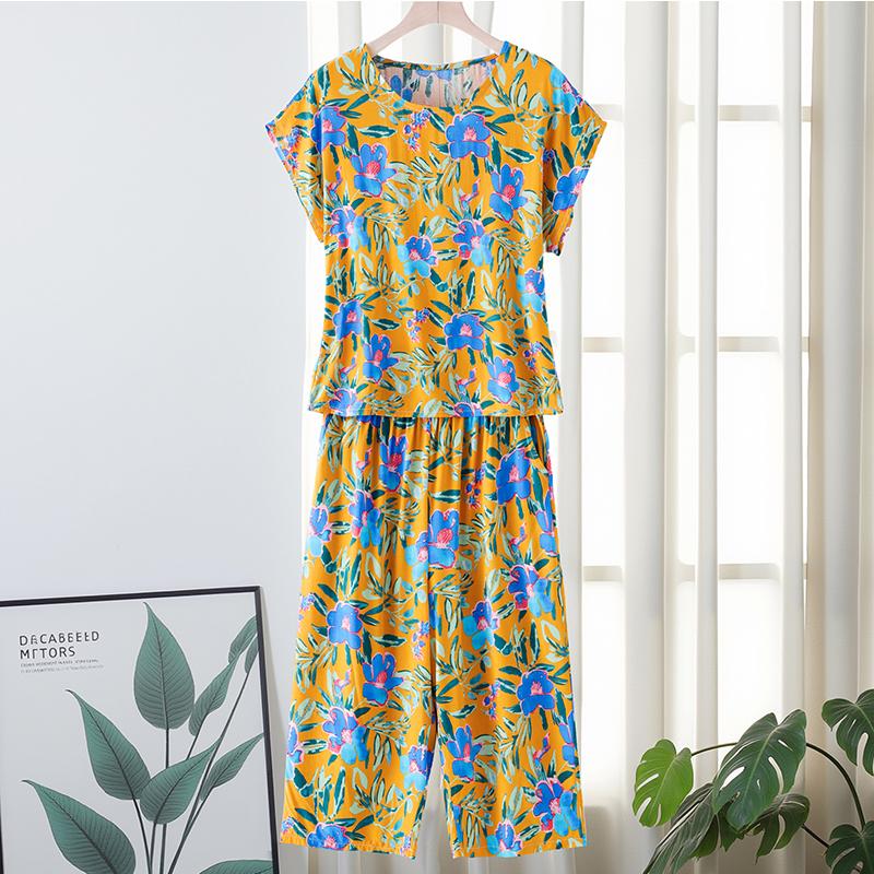 Plus Size Women Two Peice Sets Summer Loose Elegant High Waist Pant Sets Female Casual Vintage Print Oversize Suit