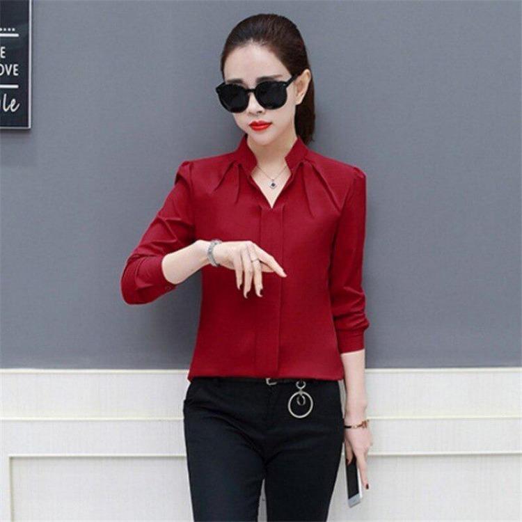 Elegant Sexy Women's White Chiffon Blouse Long Sleeve V Neck Office Shirt Summer Female Top