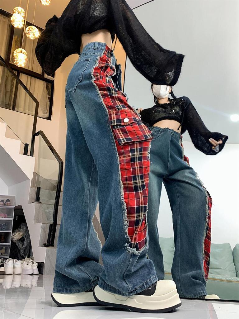 American Retro Plaid Patchwork Wide-Leg Jeans for Women
