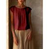 Blusa da Donna in Lino con Scollo Rotondo, Parte Anteriore Pieghettata, Maniche Corte, Taglio Ampio Casual