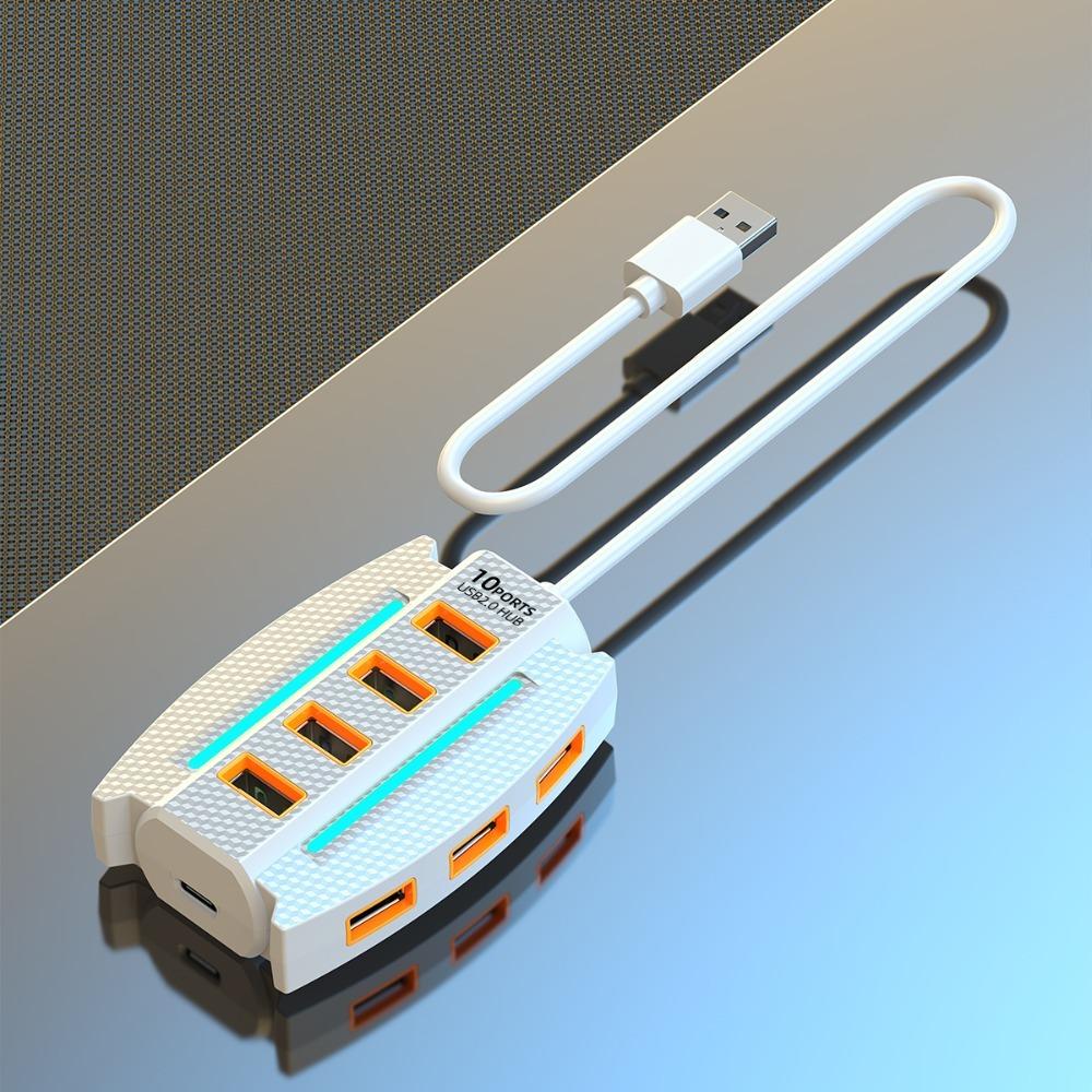 

RGB Backlight 10 Ports USB 2.0 Splitter USB Adapter USB Port Expander Mobile Phone Accessories White 120cm