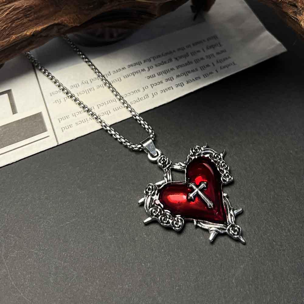 Gothic Bat Rose Heart Cross Pendant Necklace - Hip Hop Unisex Sweater Chain