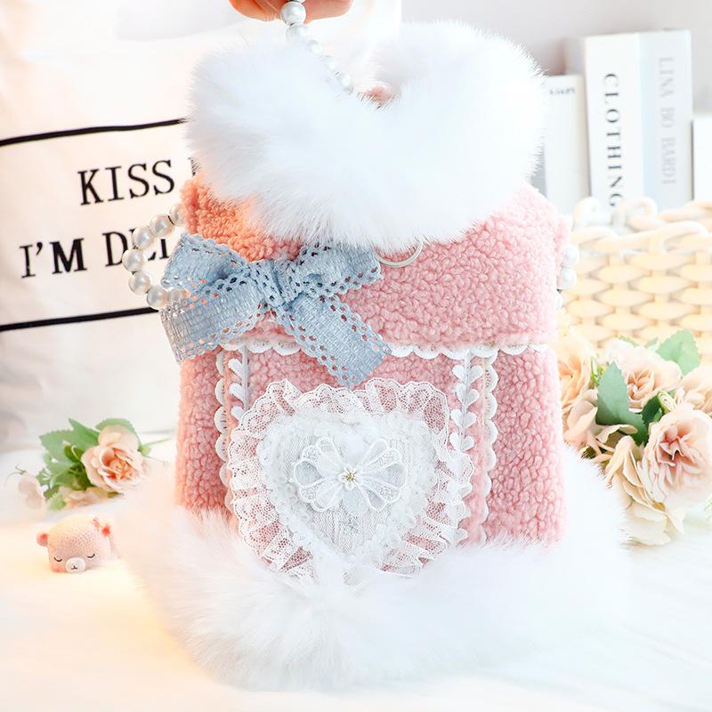 2025 New Dog Clothes Autumn Winter Thick Cat Princess Coat Love Fur Collar Fragrant Wind Outfit for Small Dog Pet