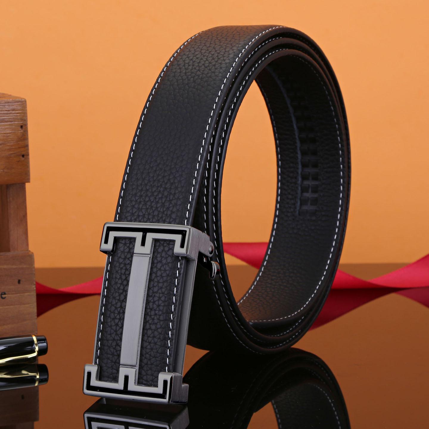 Men s Genuine Leather Automatic Buckle Belt - High-End Stainless Steel, Premium Cowhide for Business Wear 120cm