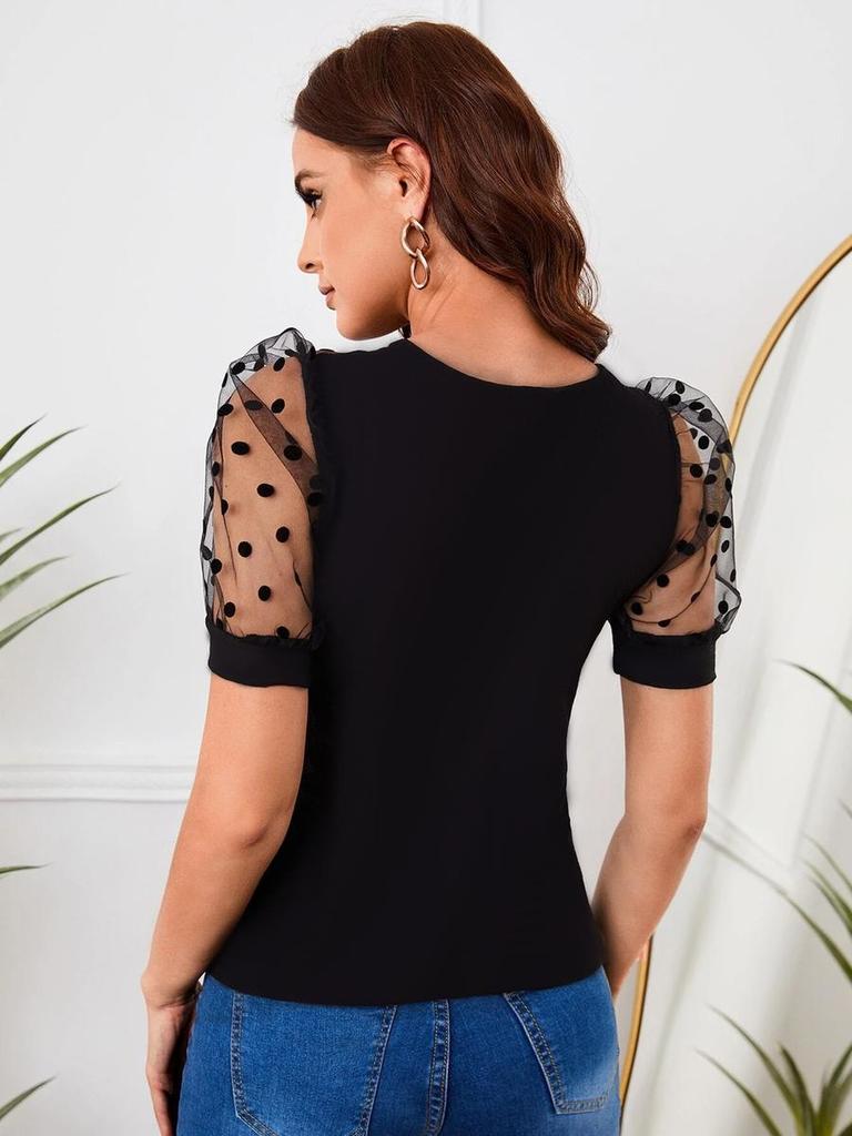Summer New Women's Mesh Dot Patchwork Solid Color Crew Neck Comfortable Casual Slim Fit Short Sleeve T-Shirt