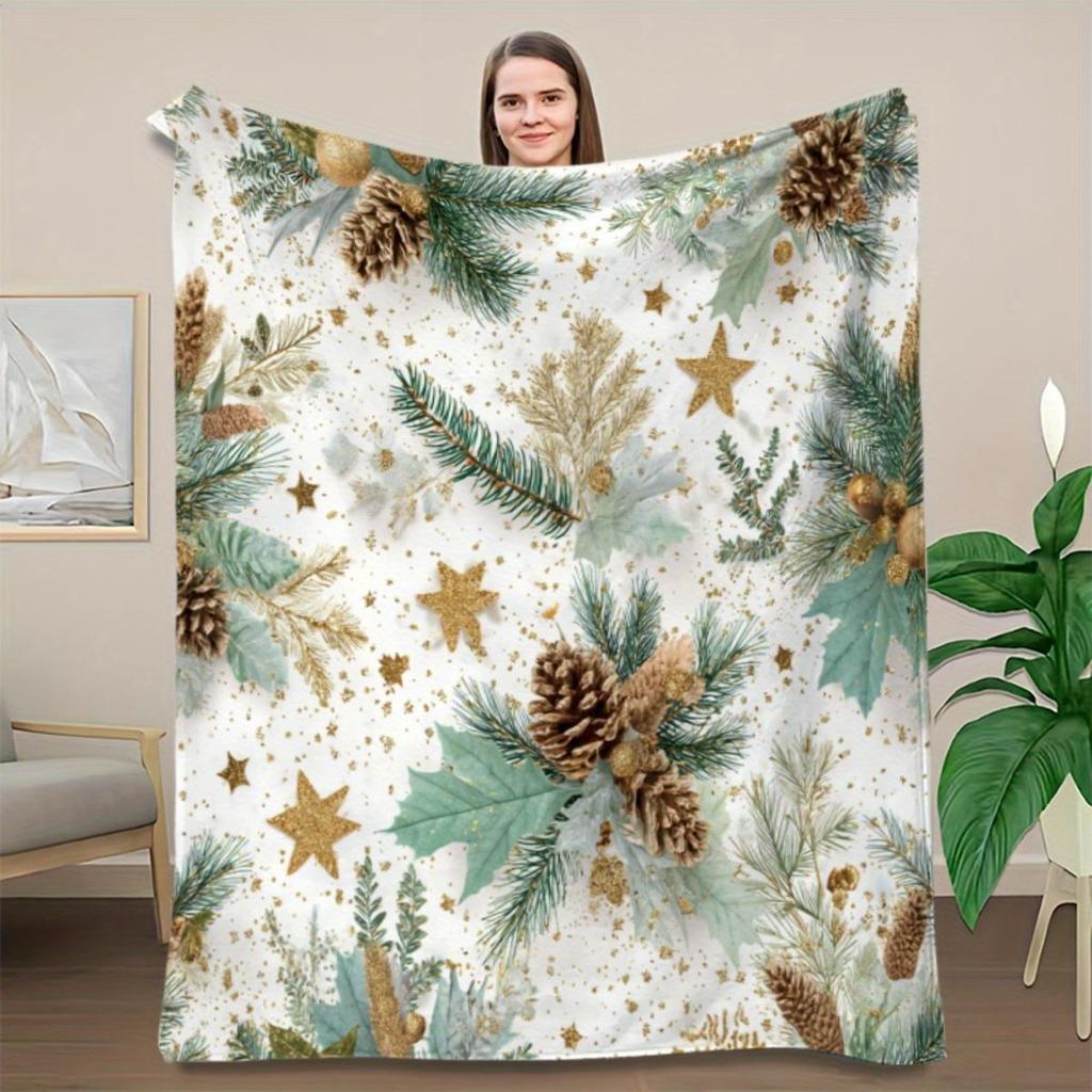 1pc Christmas pine cone and gold star pattern blanket, polyester fabric, machine washable, suitable for bedroom and living room