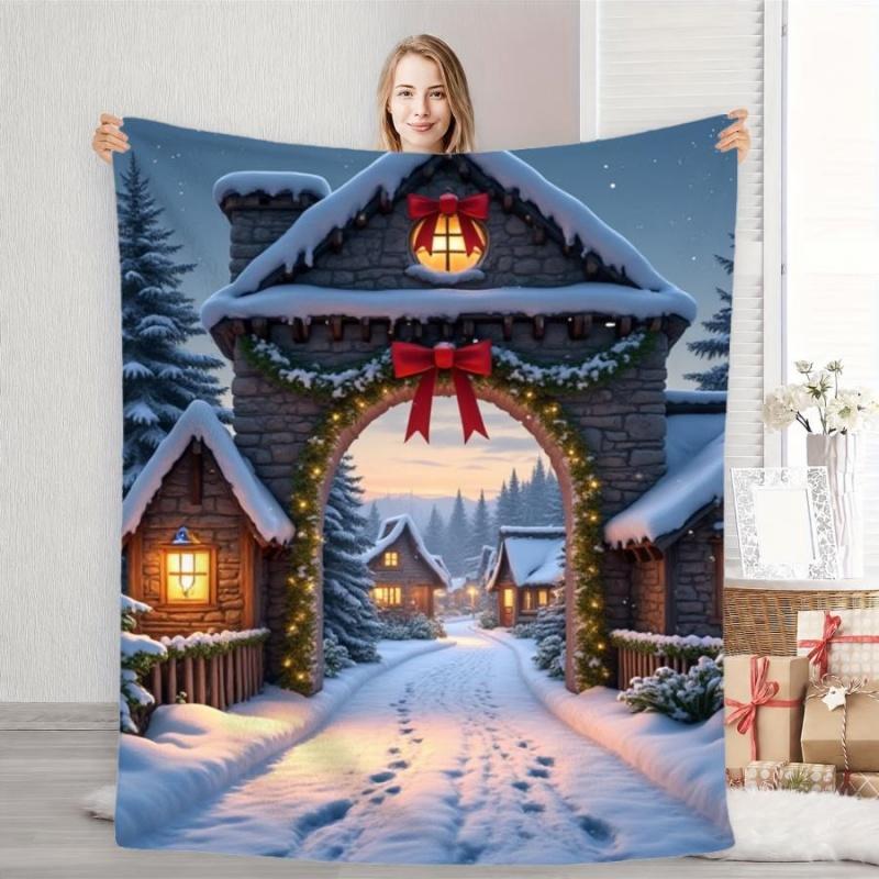 Merry Christmas Pine Wreath Candy Cane Gift Box Snow Scene Flannel Throw Blanket, Winter Holiday Decorative Blanket for Sofa