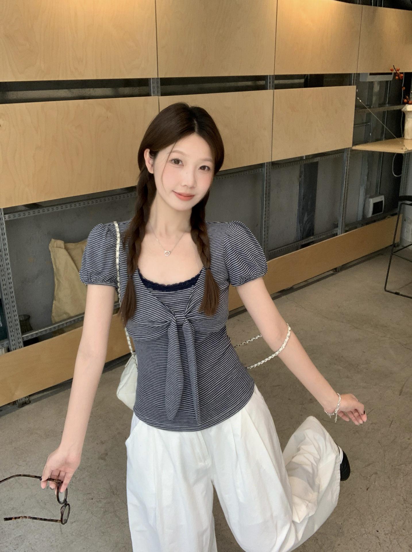 Plus Size Korean Style Striped Square Neck Bowknot T-Shirt with Short Sleeves 3XL