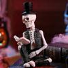Small Reading Gentleman Skull Figurine Halloween Sitting Skeleton Statue with Top Hat And Suit for Gothic Living Room Table Shelf Indoor Decor