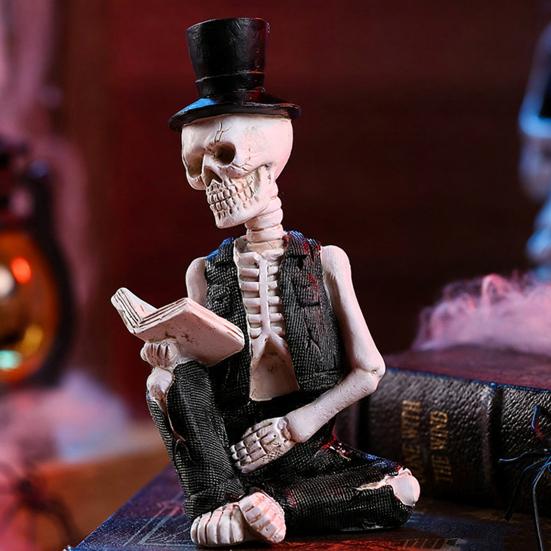 Small Reading Gentleman Skull Figurine Halloween Sitting Skeleton Statue with Top Hat And Suit for Gothic Living Room Table Shelf Indoor Decor