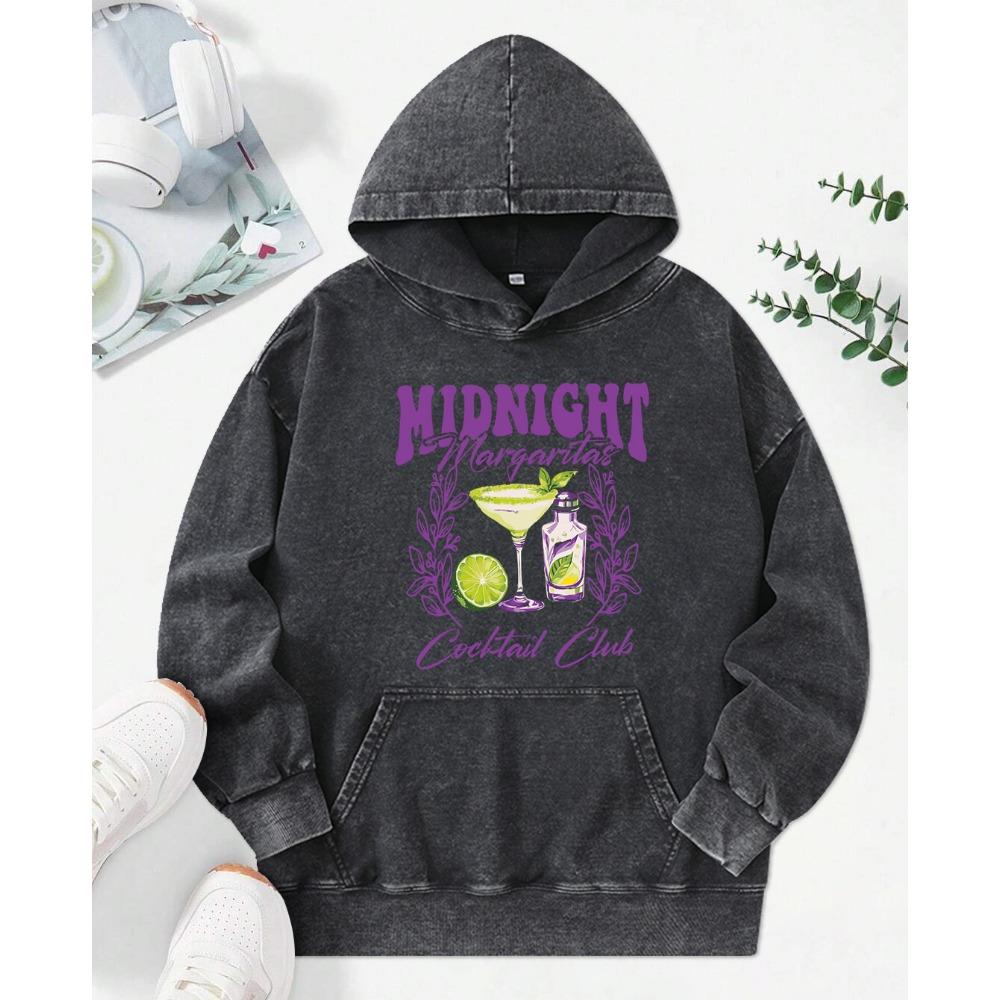 Midnight Margaret Cocktail Club Bedruckter Damen Washed Hoodie Herbst Street Pullover Schlichtheit Lässige Kapuzenpullover Baumwoll-Hoodie
