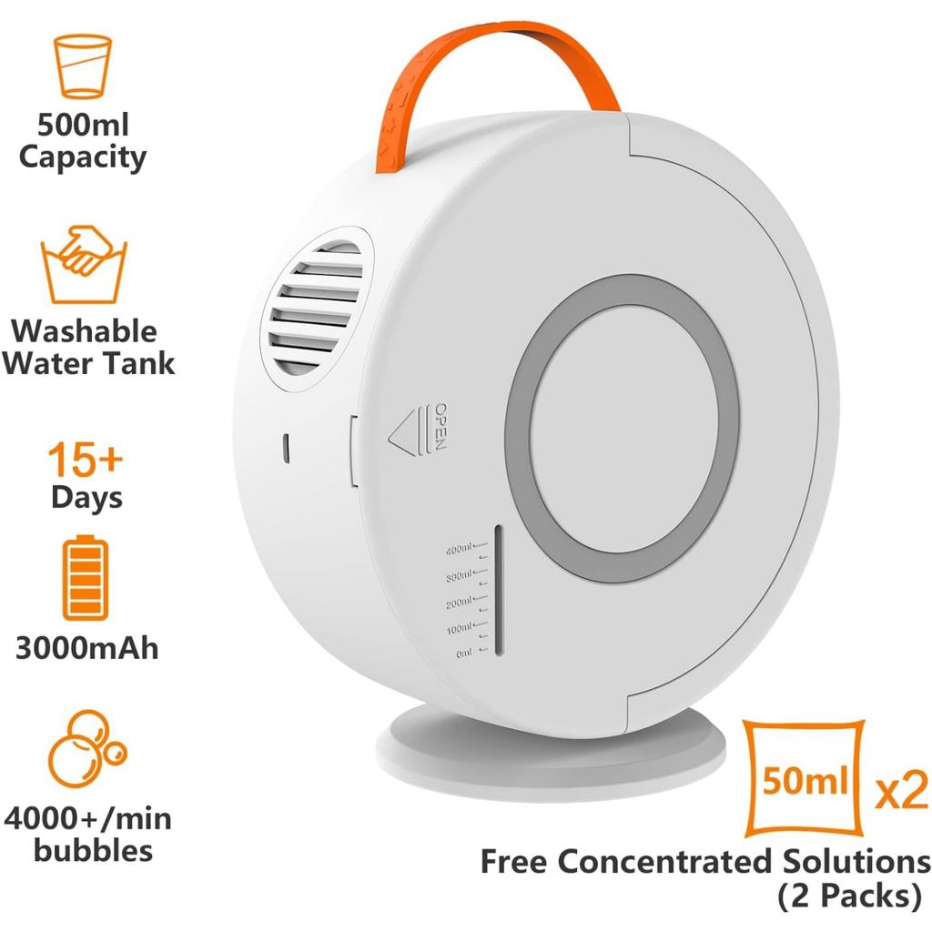 Bubble Machine, Portable Rechargeable Bubble Maker Toy for Kids, 90°/360°Rotating, 500ml Automatic Bubble Blower for 3 4 5 6 Year