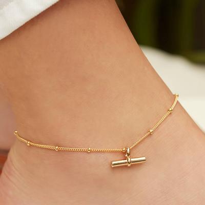 INS New Fashionable Versatile Titanium Steel Plated 18K Gold Niche Personality One-word Pendant Round Bead Chain Anklet