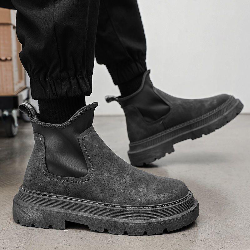 Men's Shoes Spring New Non-slip and Wear-resistant Chelsea Boots Short Boots High-top Heightening Versatile Black Tooling Martin Boots Men