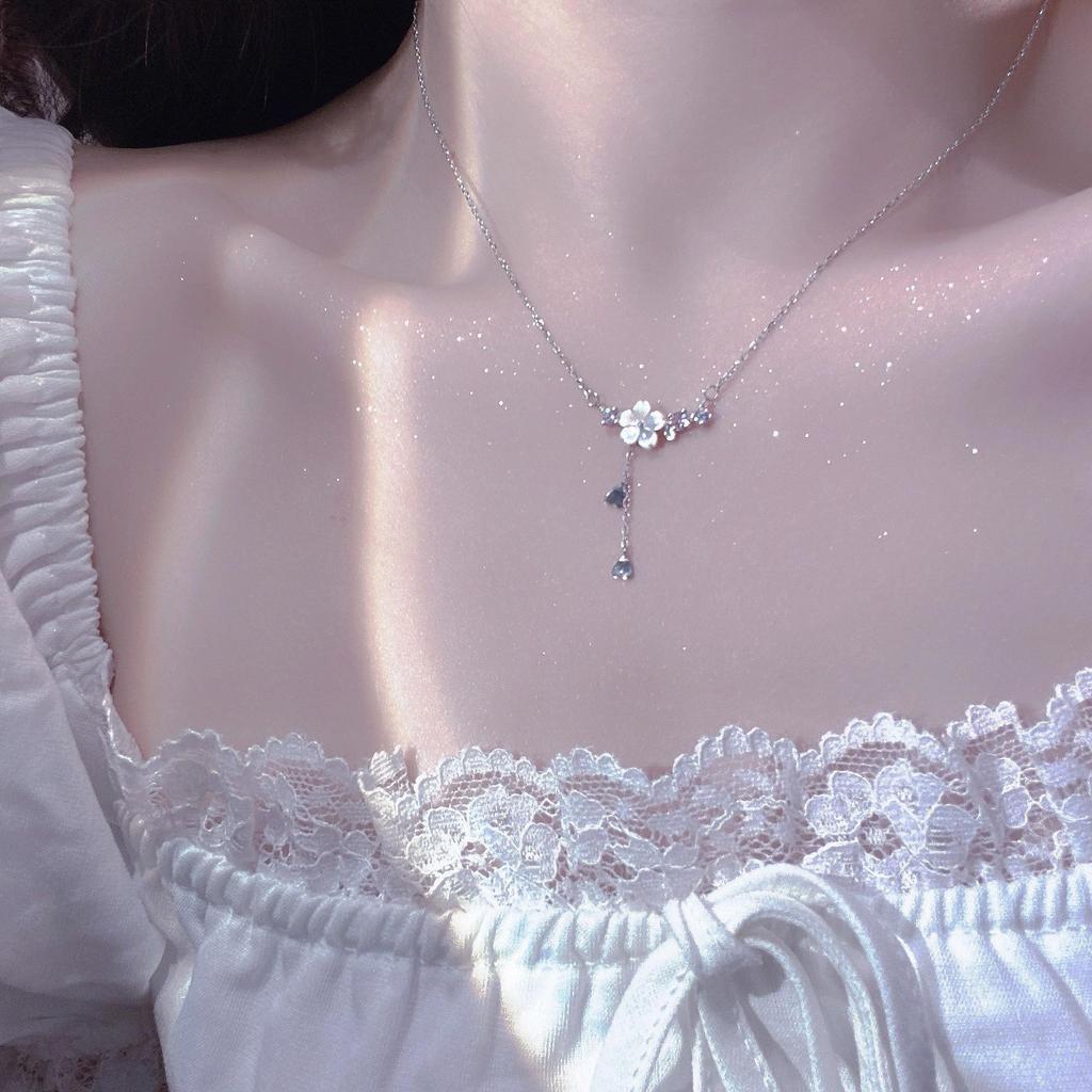 Romantic Cherry Blossom Heart Tassel Necklace with Shell Petals - Sweet Forest Style