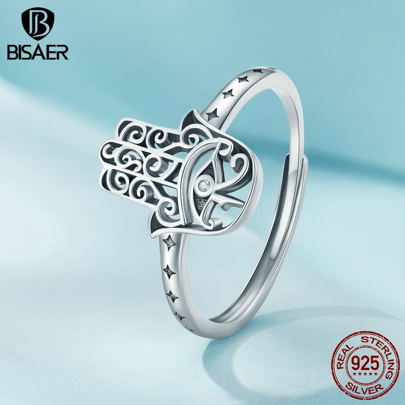 

BISAER стерлингового серебра 925 пробы в винтажном стиле Lucky Hand Of Fatima открывающееся кольцо штабелируемые кольца вечерние ювелирные изделия подарок 925 silver