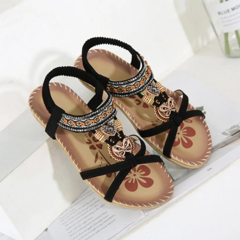 Flat Bottom Women's Sandals Summer Outwear Flower Water Diamond Sandals Open Toe Outward Wearing Beach Sandals for Women