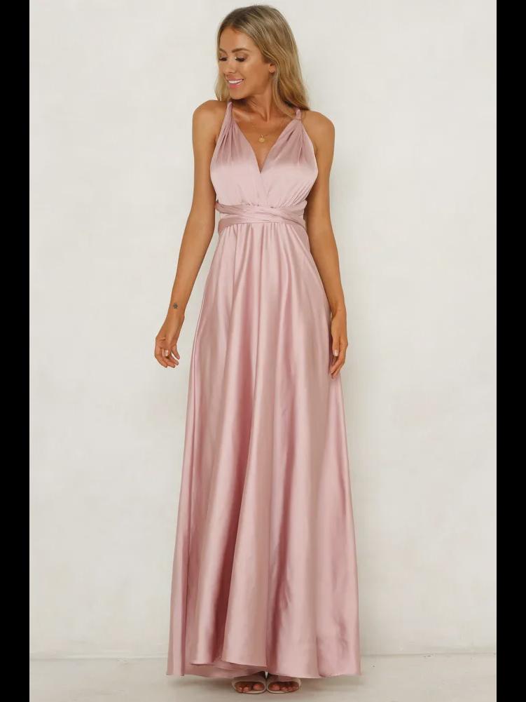 Europäisches und amerikanisches Abendkleid aus Satin mit tiefem V-Ausschnitt für Damen – eleganter, einfarbiger, langer Rock