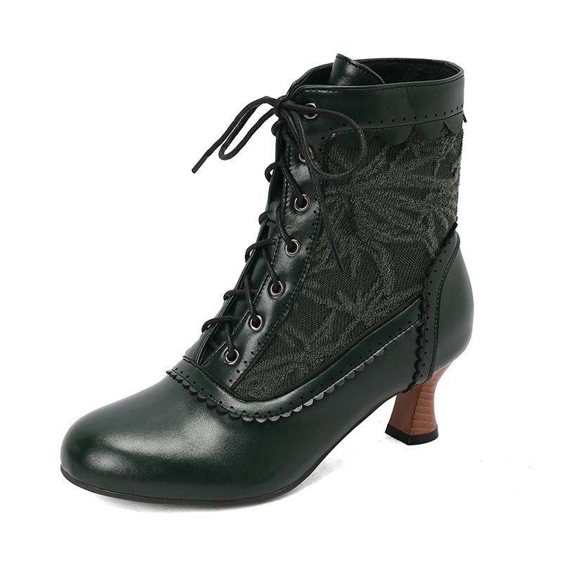 New Lace Up Ladies High Heel Shoes Strange Steampunk Boot Victorian Ankle Boots Women Pointed Toe Thick Soled Short Boots