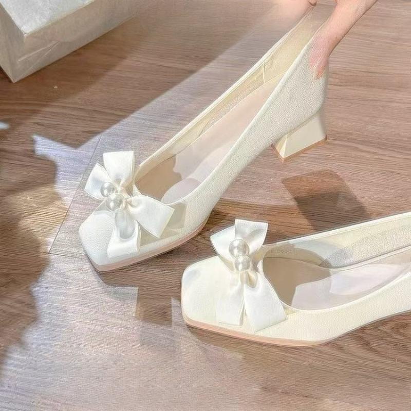 Soft Leather French Square Toe High Heels Women's New Temperament Pearl Bow Soft Sole Block Heel Single Shoes