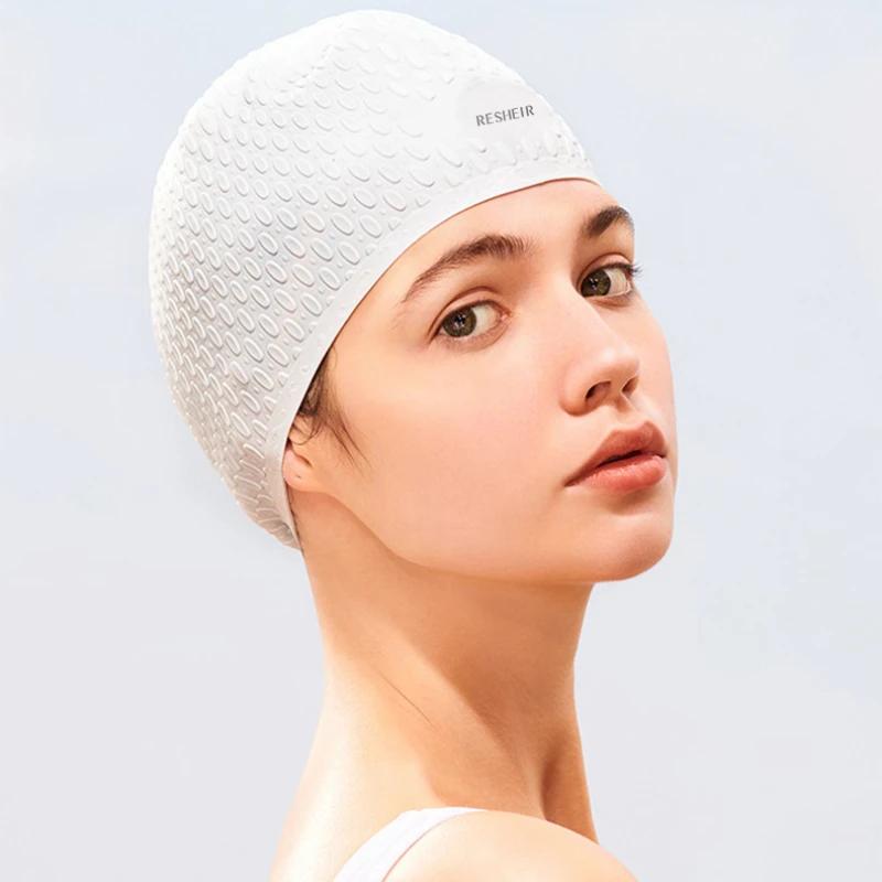 Silikon-Badekappen Große Größe Langes Haar Gehörschutz Badekappen für Damen Elastisch Einfarbig Badekappe Poolzubehör