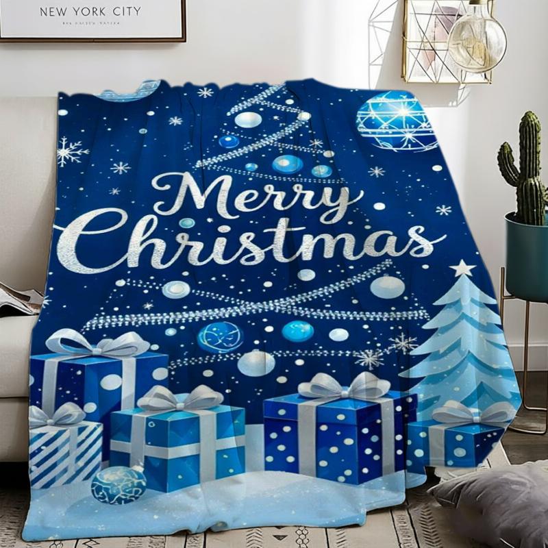 Blue Christmas Tree Gift Box Flannel Blanket For Serene Bedroom Decor Soft Warm Throw Blanket Gift