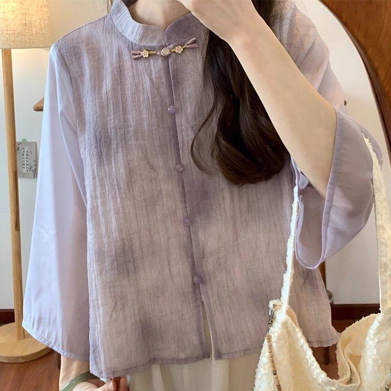 

Women s 2026 Spring/Summer Chiffon Zen Suit: Modern National Style with Frog Buttons & Retro Tie-Dye Design. 2XL Suggestion: 125-140 lbs