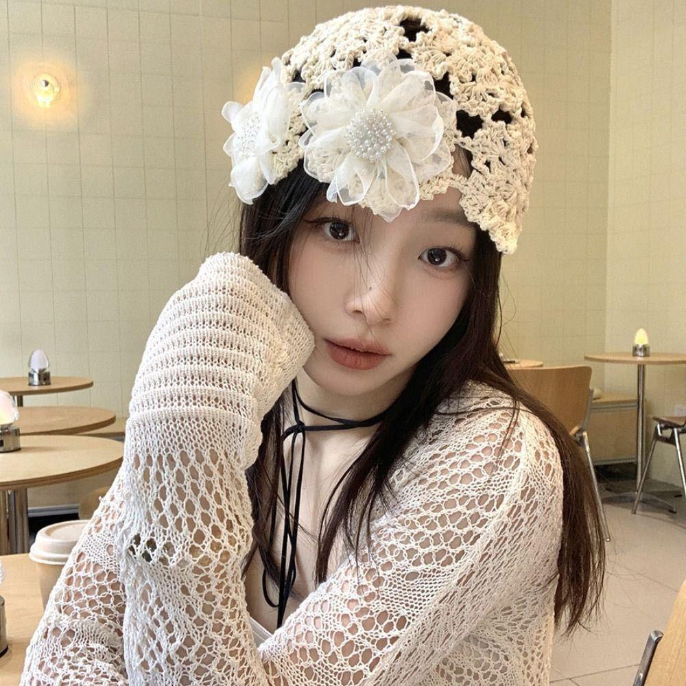 Lace Beret Cap Flowers Skullies Hat Breathable Knitted Hat  for Women