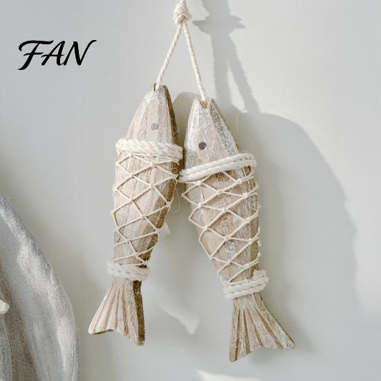 Coastal Wall Art Rustic Nautical Wooden Fish Decor, Beach Style Hanging Creative House Decor Ornament with Fishing Net for Lake House, Bedroom,