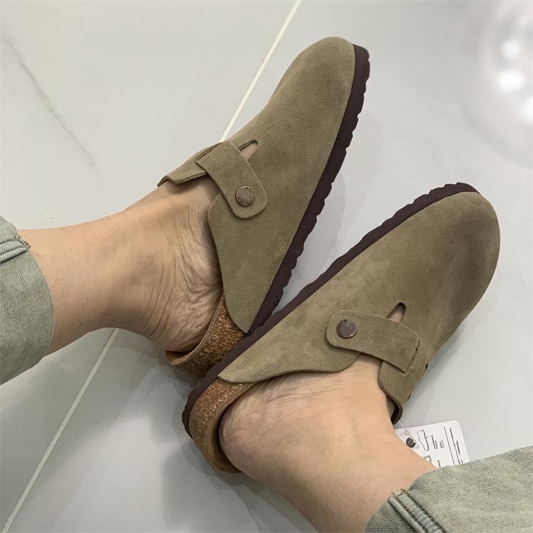 Boken Women's 2025 Autumn Genuine Leather Cork Bottom Suede Closed-Toe Mule Slippers