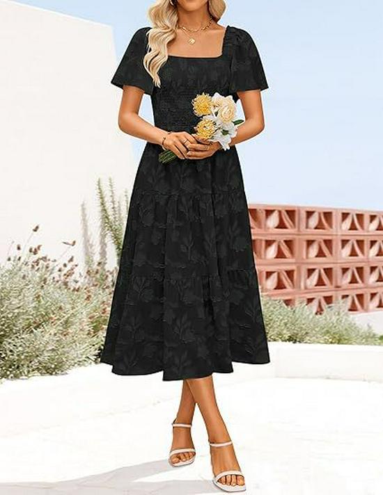 Bohemian Floral Square Neck Midi Dress - Women's Short-Sleeve Fashion