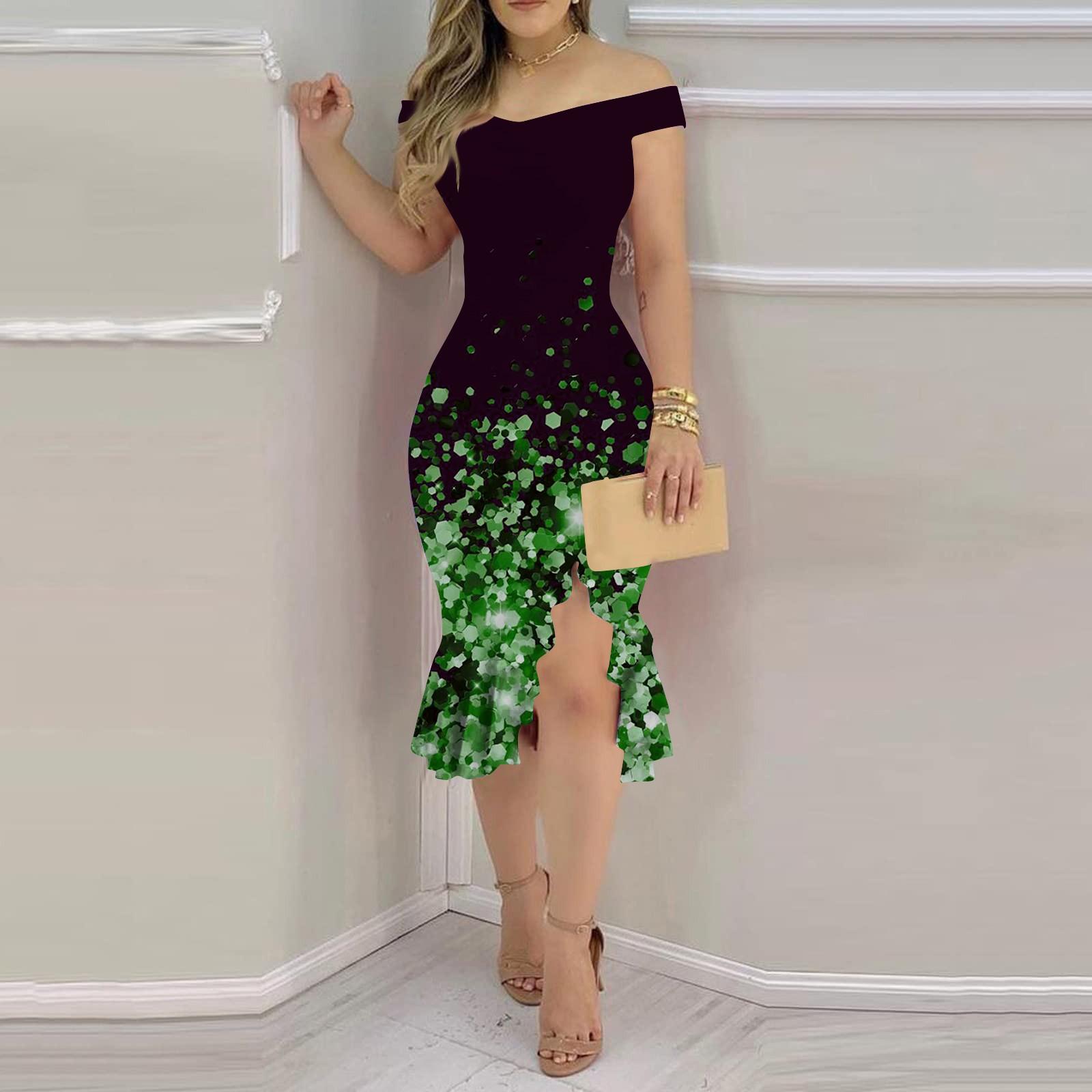 

Модные сексуальные летние платья с открытыми плечами и короткими рукавами и оборками и пайетками для женщин XXL зелёный