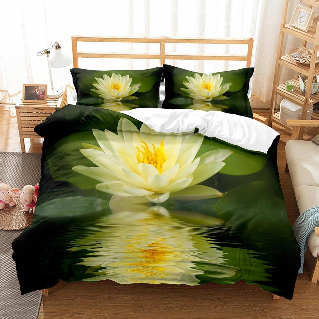 Lotus Flower Duvet Cover Set Lotus Leaf Pattern Polyester Quilt Cover King Full Size For Kids Teens Bedding Set With Pillowcase
