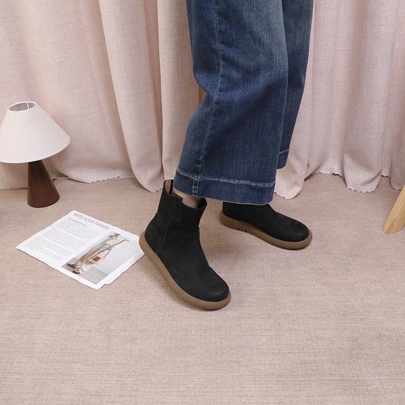 Johnature Versatile Solid Color Short Boots Retro Genuine Leather Round Toe Flat Women's Shoes