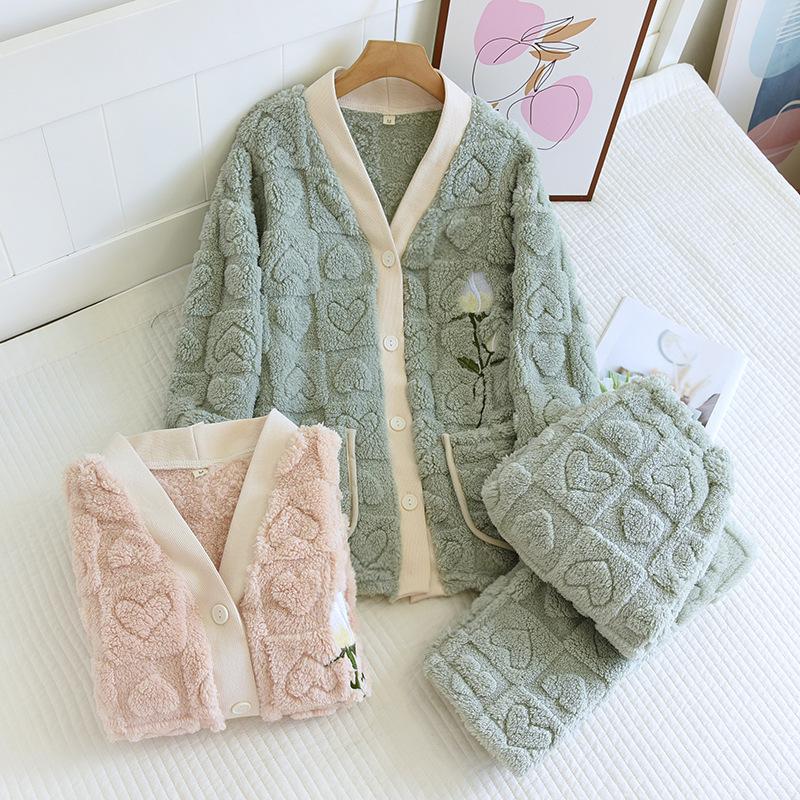 Bestickte Blumen-Pyjama V-Ausschnitt Schlafanzug Set Damen Winter Dicke Flanell Hausanzug mit Tasche Warm Korallenfleece Nachtwäsche