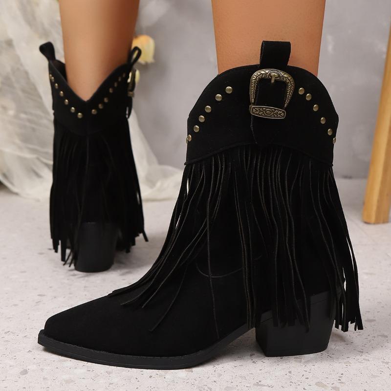 Large size short boots women's autumn new rivet western thick heel fringed boots pointed short boots