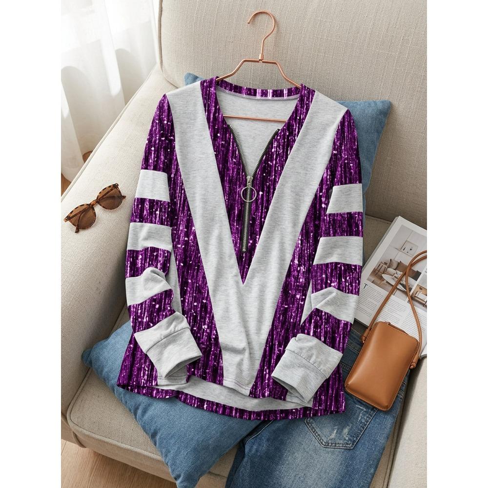 Autumn and winter extension color matching striped printing zipper T-shirt casual long-sleeved top large size women's clothing