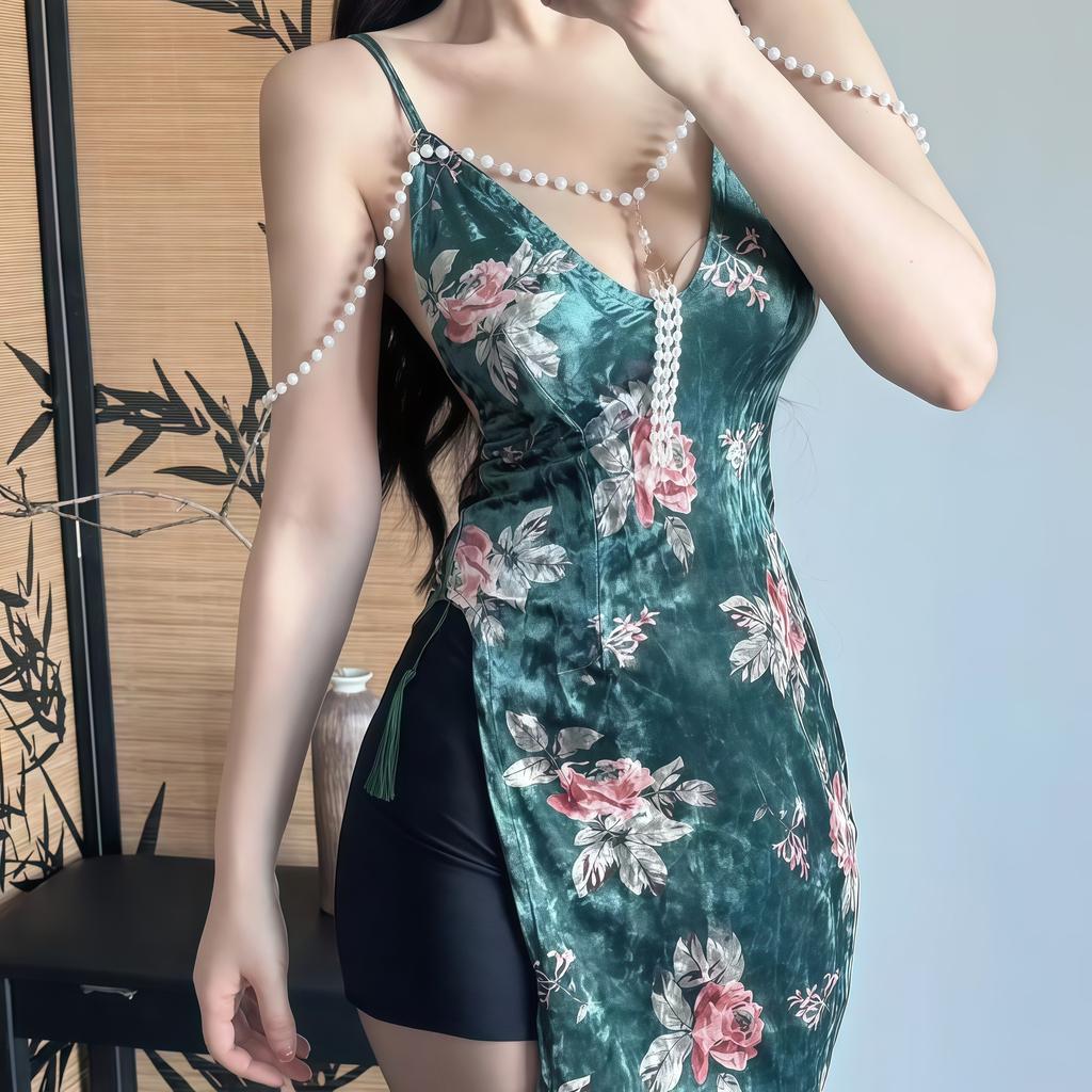 Antique Suit of the Republic of China Pearl Chest Hanging Neck Lace High Waist Split Fork Sexy Temptation Cheongsam